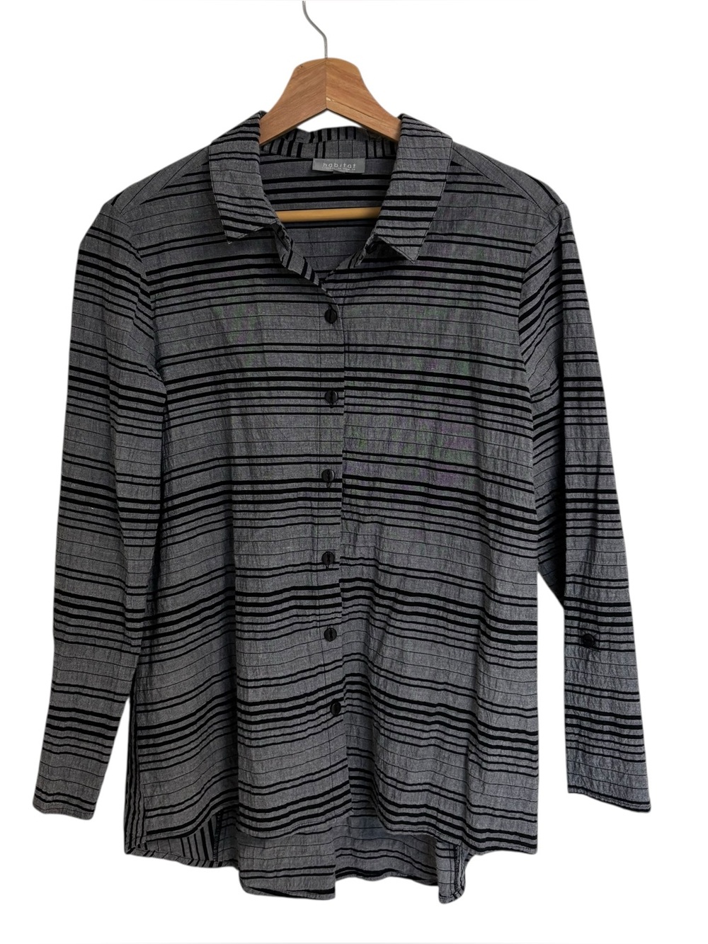 Habitat gray black striped long sleeve button up lagenlook textured fabric top S